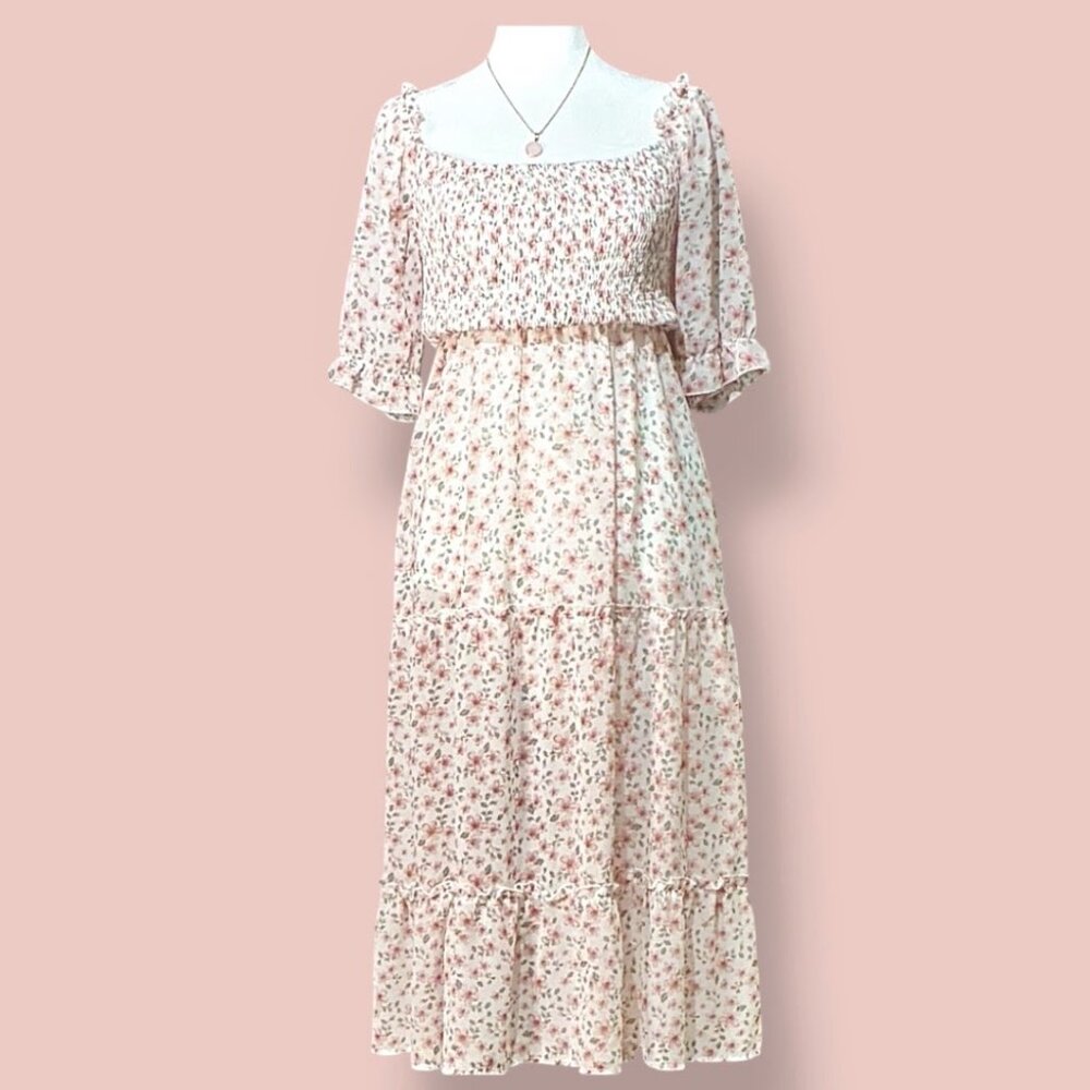 TEMOFON SMOCKED FLORAL MIDI DRESS SIZE LARGE